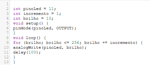 Código em blocos/C++ usado para o efeito Fade-In