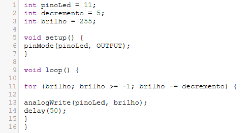 Código em blocos/C++ usado para o efeito Fade-Out
